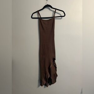 Brown Ruffle Hem Ribbed Asymmetrical Midi Dress - OQQ